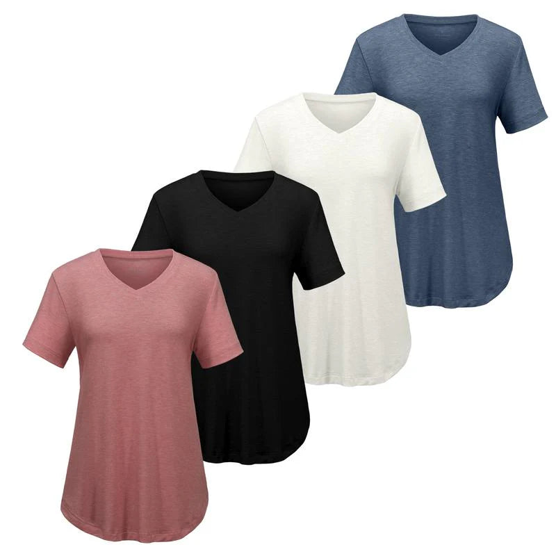 Women’s V-Neck T-Shirt 4-Pack – Soft, Casual Fit with Curved Hem