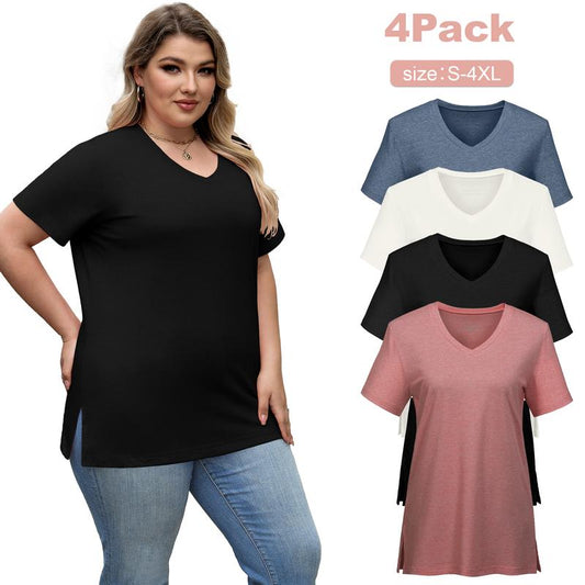 Women’s V-Neck T-Shirt 4-Pack – Soft, Casual Fit with Curved Hem