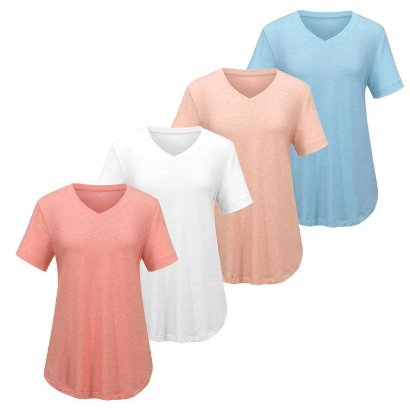 Women’s V-Neck T-Shirt 4-Pack – Soft, Casual Fit with Curved Hem